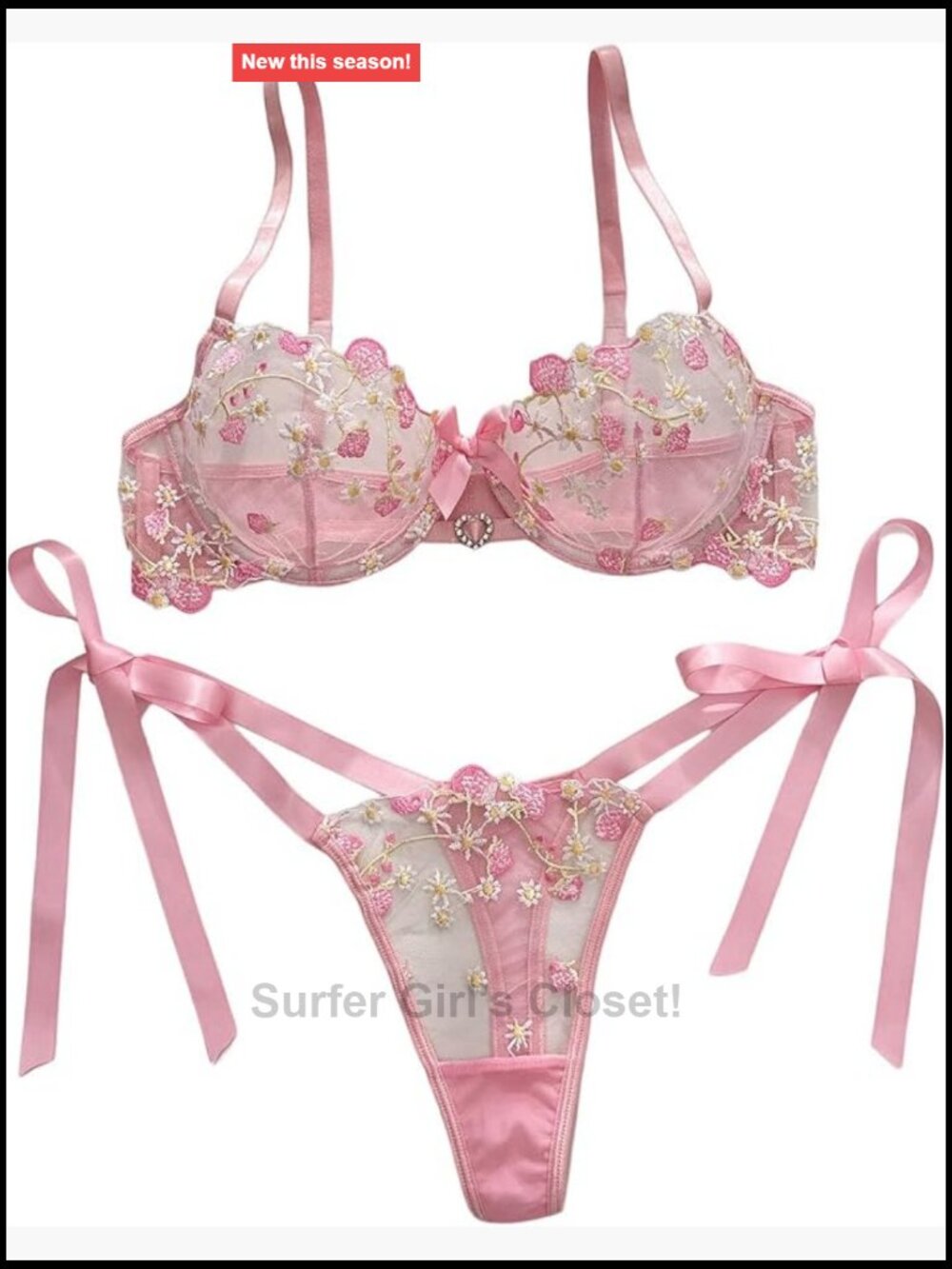 Sheer Floral Embroidered Underwire Bra and G-String Lingerie Set, Tie Side,